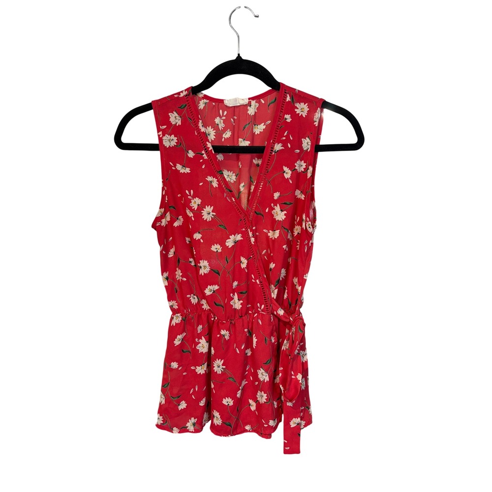 Sienna Sky Pink Floral Faux Wrap Peplum Blouse XS Sleeveless V-Neck Crochet Trim